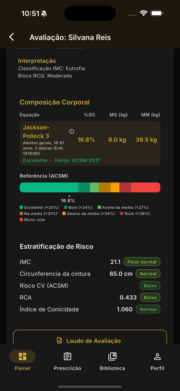 Avaliação física no Vibe Fit — composição corporal Jackson-Pollock, estratificação de risco e referências ACSM
