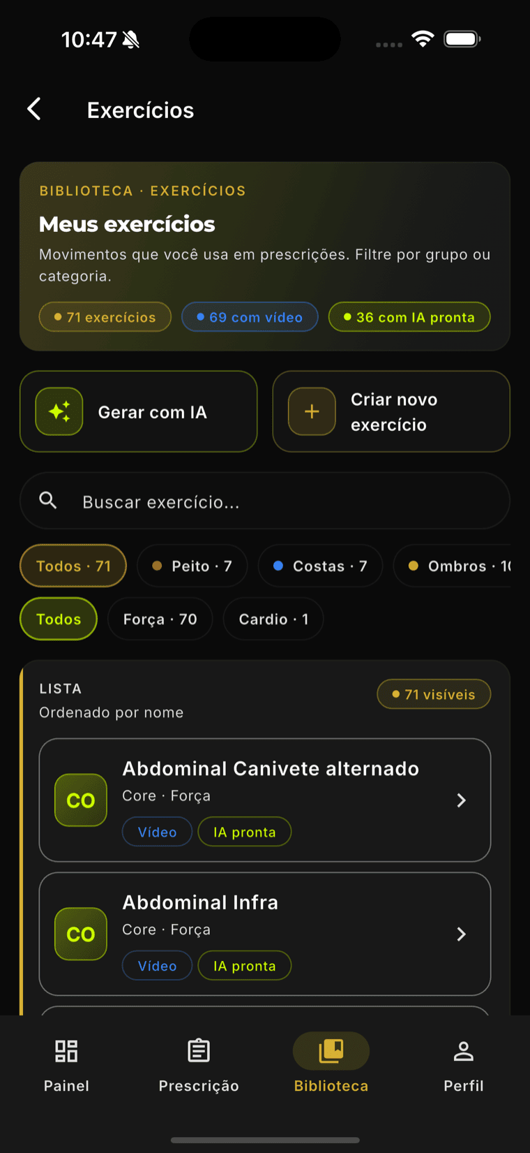 Biblioteca de exercícios no Vibe Fit — exercícios com vídeo demonstrativo e checklist gerado por IA