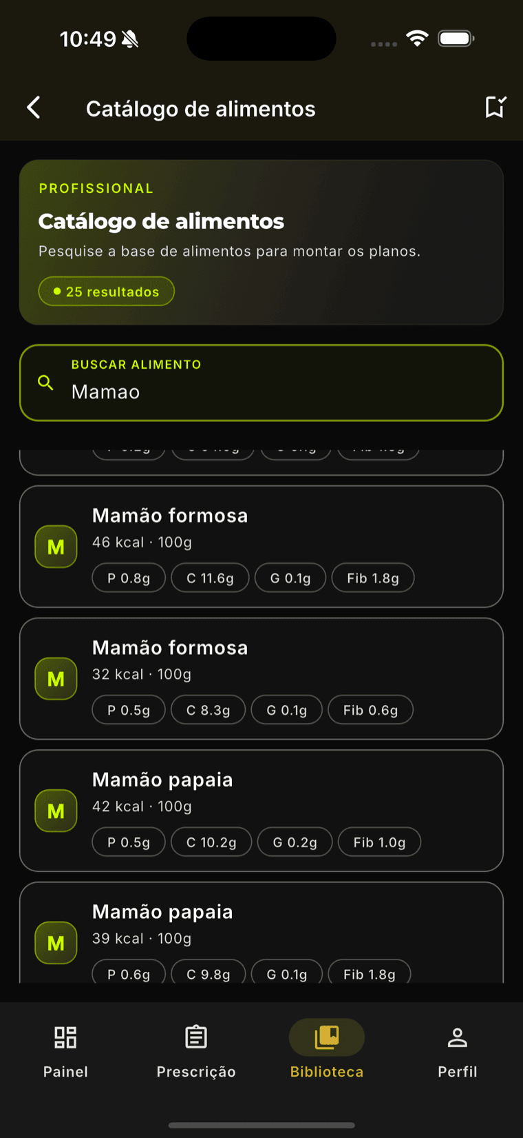 Catálogo de alimentos no Vibe Fit — base com calorias, proteína, carboidrato, gordura e fibra por alimento