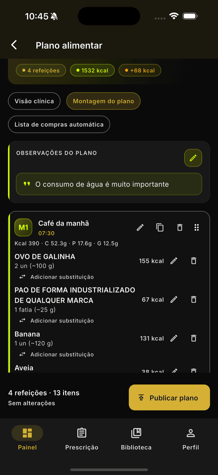Plano alimentar no Vibe Fit — refeições, calorias, macros por alimento, substituições e lista de compras automática