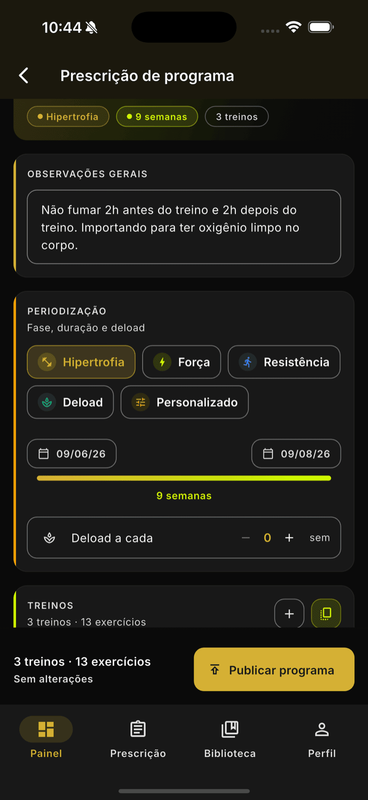 Prescrição de programa de treino no Vibe Fit — periodização, fases, deload e datas